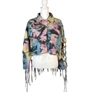 Tie Dye Fringe Denim Jacket Women’s L Crop Festival Jean Casual Boho